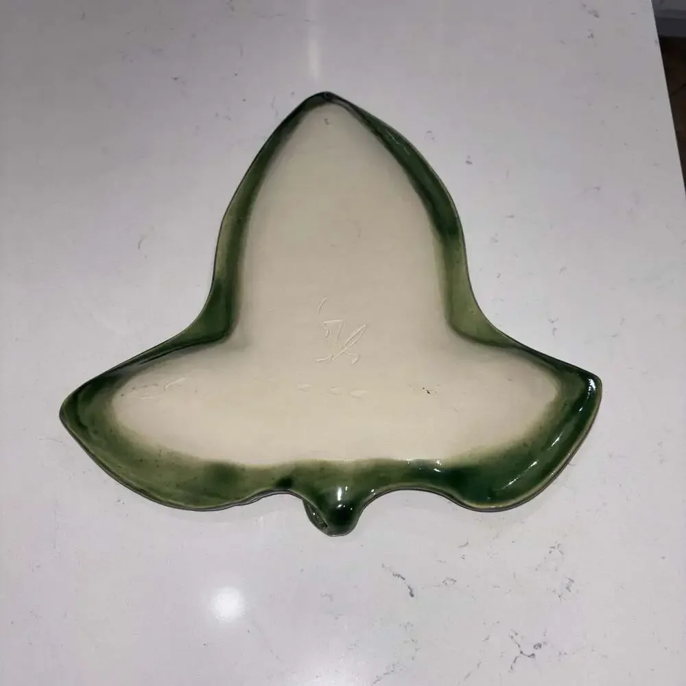 Vintage MCM Studio Pottery Green Ceramic Leaf Serving Tray